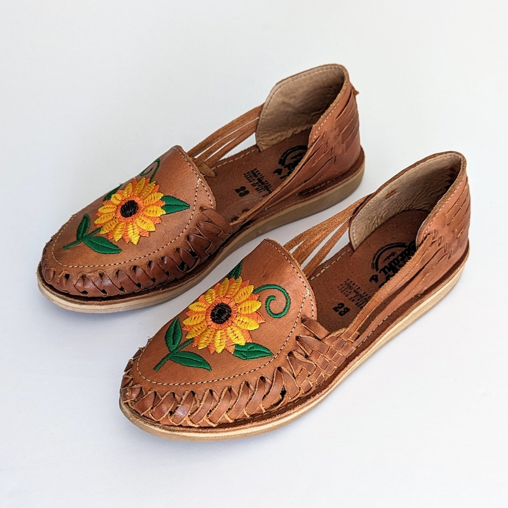 🇲🇽 Cacahi's Leather Huaraches With Sunflower Design Made In Mexico - Picture 3 of 12